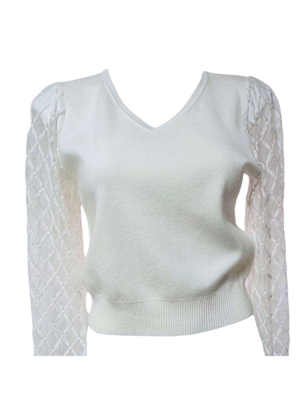 Gracia White Sweater with Sheer Lace Puff Sleeves Elegant V-Neck Pullover